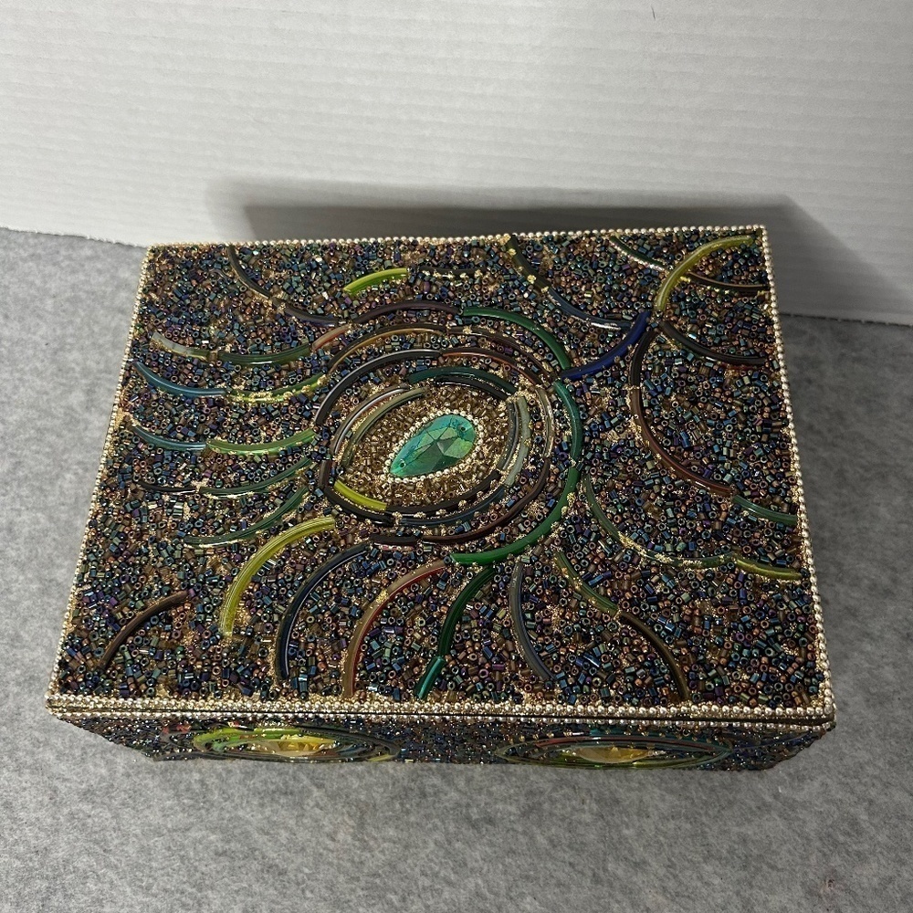 Wood Hand Beaded Trinket Box 8x6x3"
